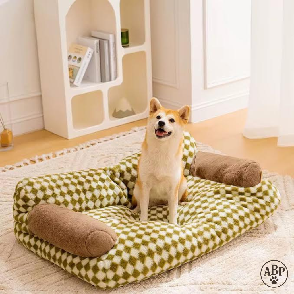 Canapé Lit pour Chien à Motifs – Panier Douillet Luxe avec Accoudoirs | Sofa Confortable Marron ou Vert