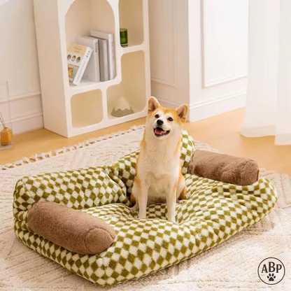 Canapé Lit pour Chien à Motifs – Panier Douillet avec Accoudoirs | Canapé Confortable Marron ou Vert