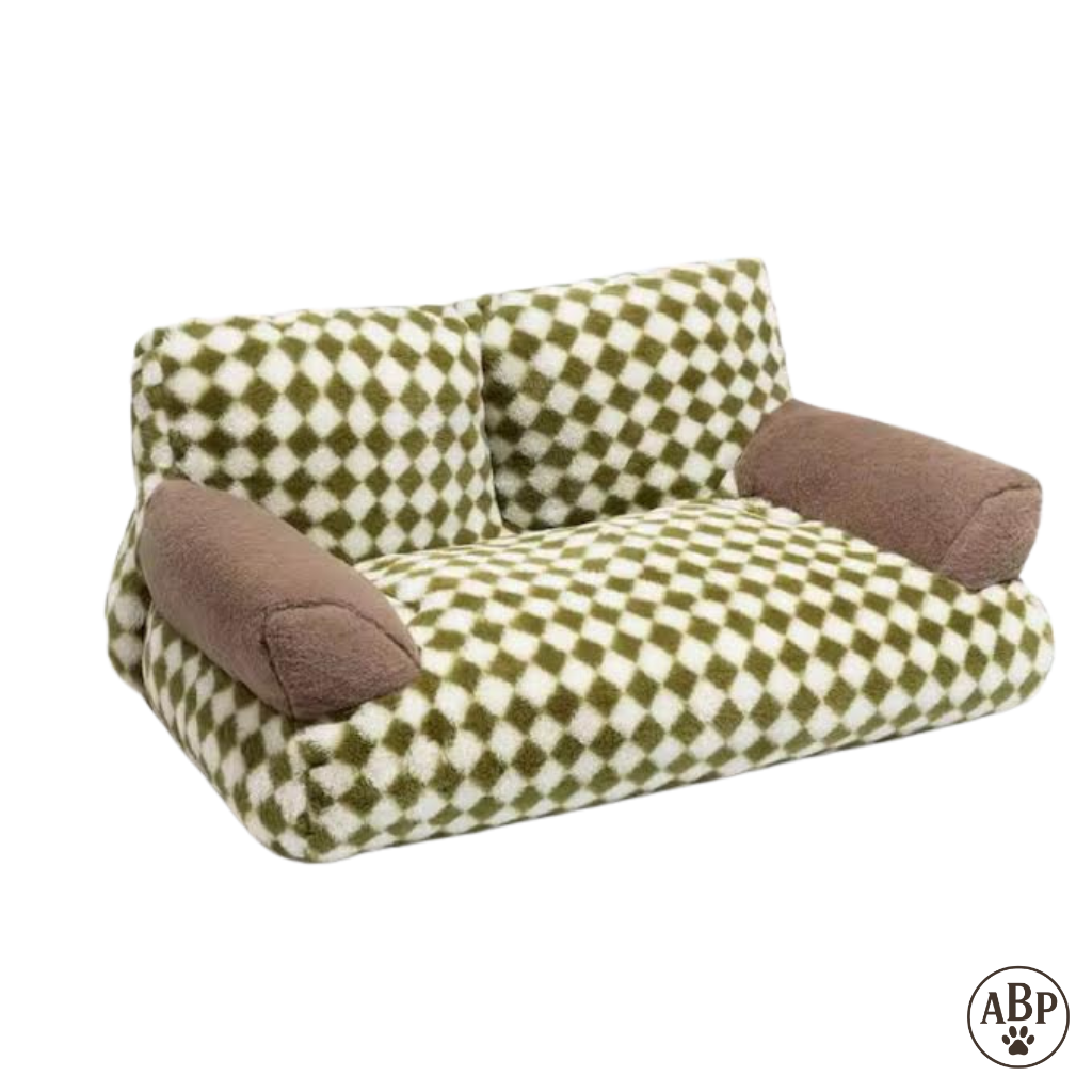 Canapé Lit pour Chien à Motifs – Panier Douillet Luxe avec Accoudoirs | Sofa Confortable Marron ou Vert