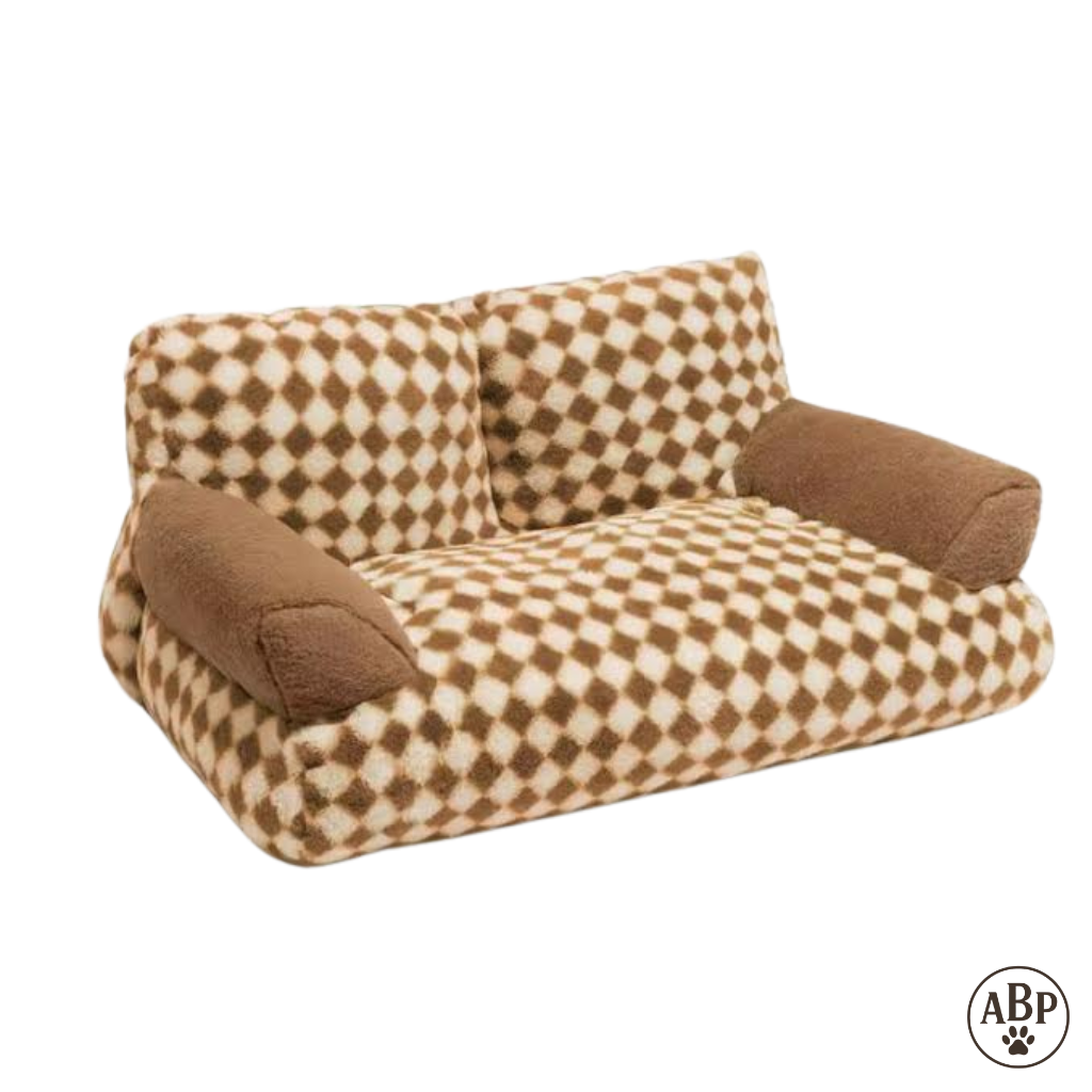 Canapé Lit pour Chien à Motifs – Panier Douillet Luxe avec Accoudoirs | Sofa Confortable Marron ou Vert