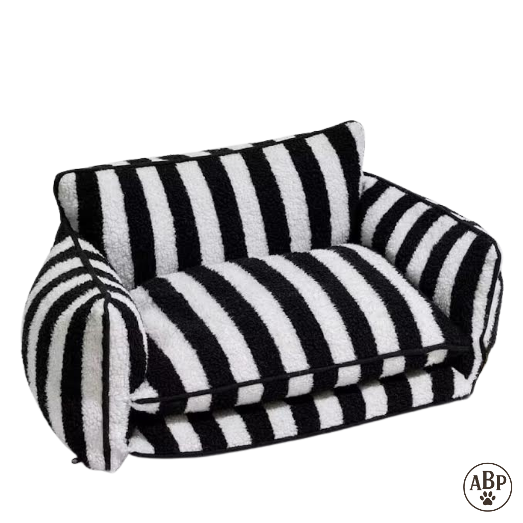 Canapé Lit pour Chien Design – Sofa Douillet Rayé Noir & Blanc ou Beige | Panier Luxe Confortable