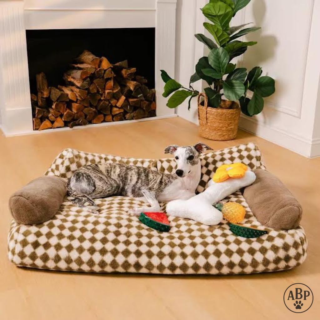 Canapé Lit pour Chien à Motifs – Panier Douillet Luxe avec Accoudoirs | Sofa Confortable Marron ou Vert